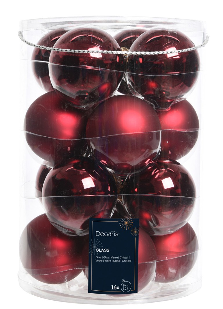 Decoris Kerstbal 8 cm set van 16 Donkerrood - Deal