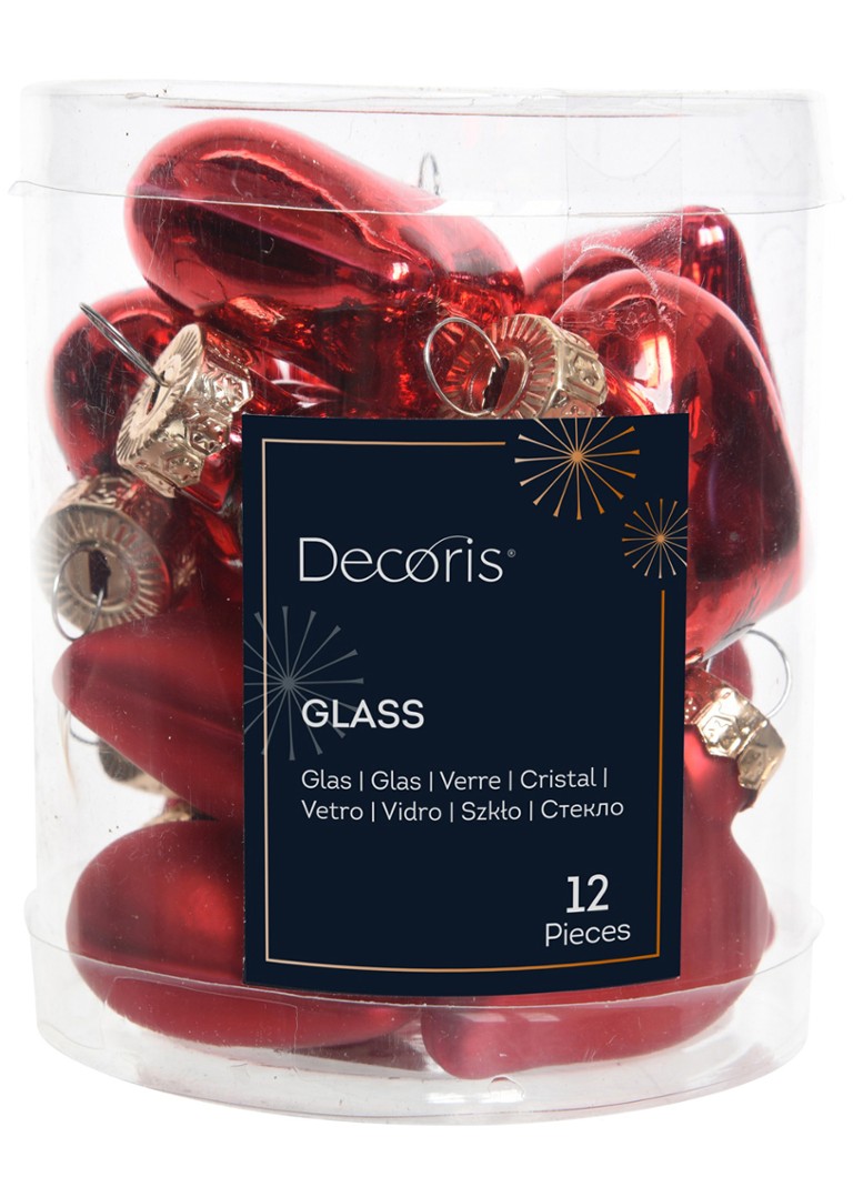 Decoris Hart kersthanger 4 cm set van 12 Donkerrood - Deal