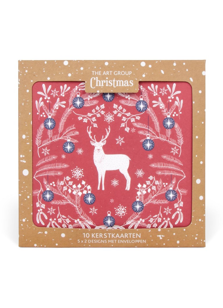 Art Group Square Hert/Duif in kersttakken - 2 designs - Kerstkaart met envelop set van 10 Steenrood - Deal
