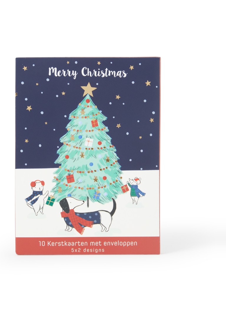 Art Group Dieren bij kerstboom en auto kerstkaart - 2 designs - set van 10 inclusief enveloppen Rood - Deal