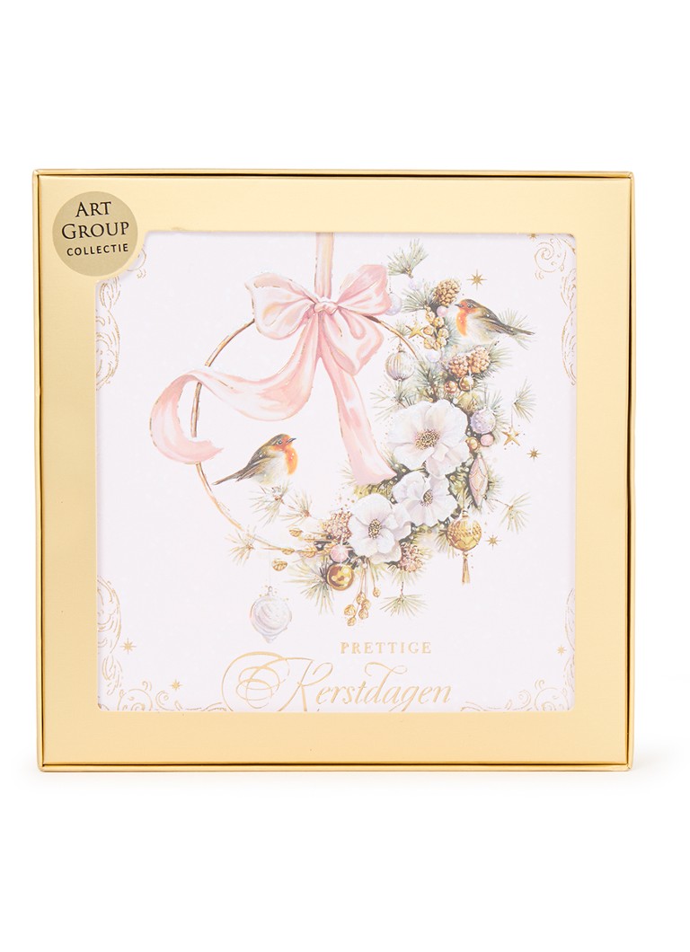 Art Group Kerstkrans met roodborstjes - 1 design - luxe kerstkaart met envelop - set van 8 Wit - Deal