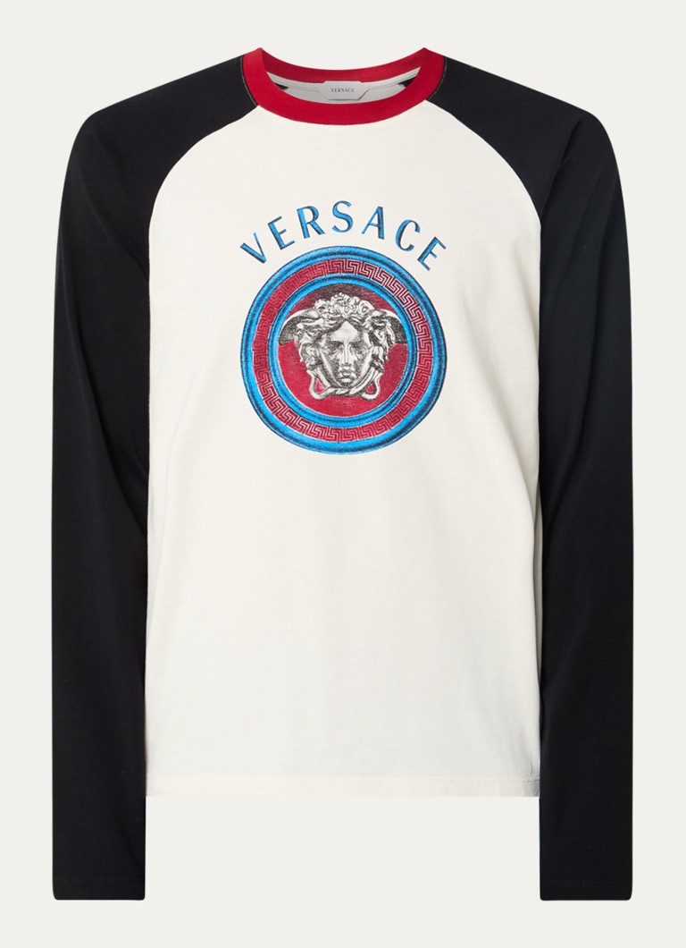 Versace Heren Medusa Moneta longsleeve met logoprint in de kleur Gebroken wit, maat: L