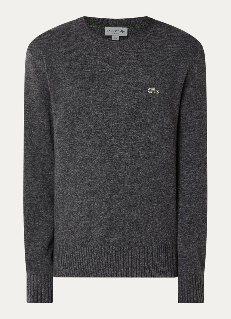 Lacoste Heren Fijngebreide trui van wol met logo in de kleur Grijsmele, maat: L