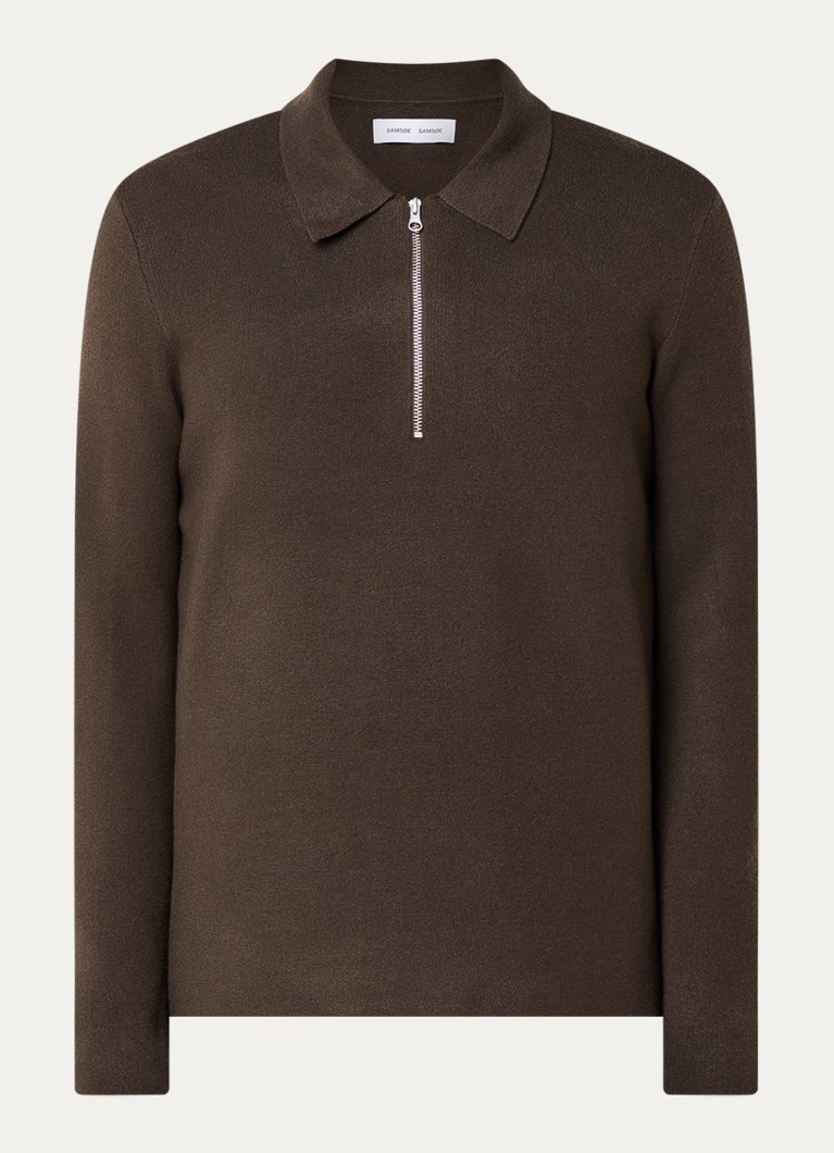 SAMSØE SAMSØE Heren Guna fijngebreide pullover met halve rits in de kleur Bronsgroen, maat: S