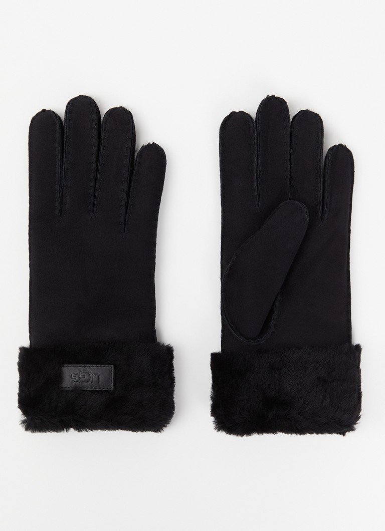 UGG Dames Turn Cuff handschoenen van suède met schapenvacht in de kleur Zwart, maat: S