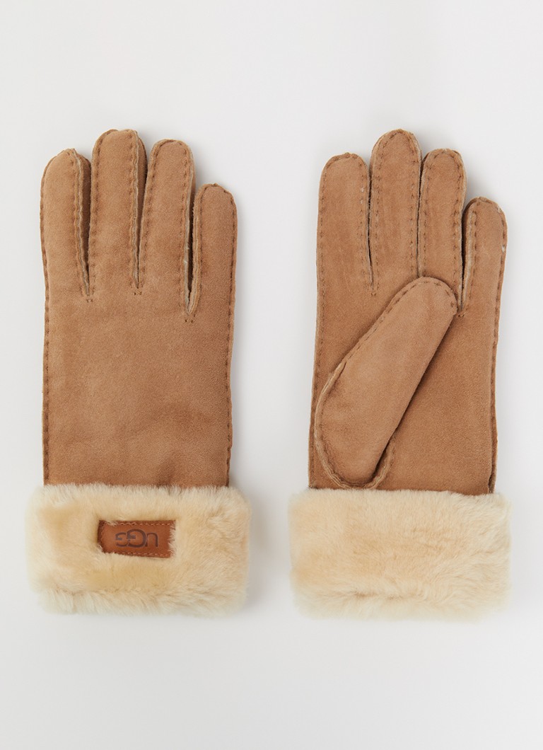 UGG Dames Turn Cuff handschoenen van suède met schapenvacht in de kleur Camel, maat: S