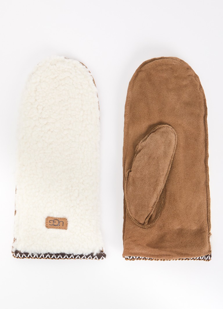 UGG Dames Braid wanten van teddy met details van suède in de kleur Gebroken wit, maat: L/XL