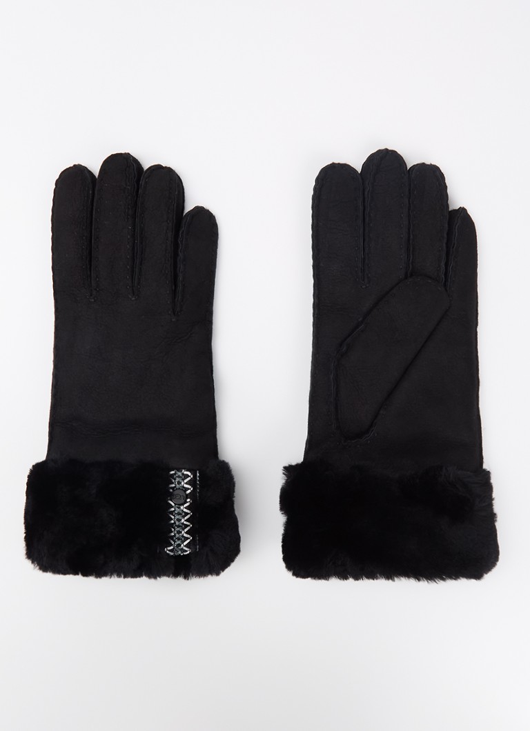UGG Dames Braid handschoenen van suède met schapenvacht in de kleur Zwart, maat: S