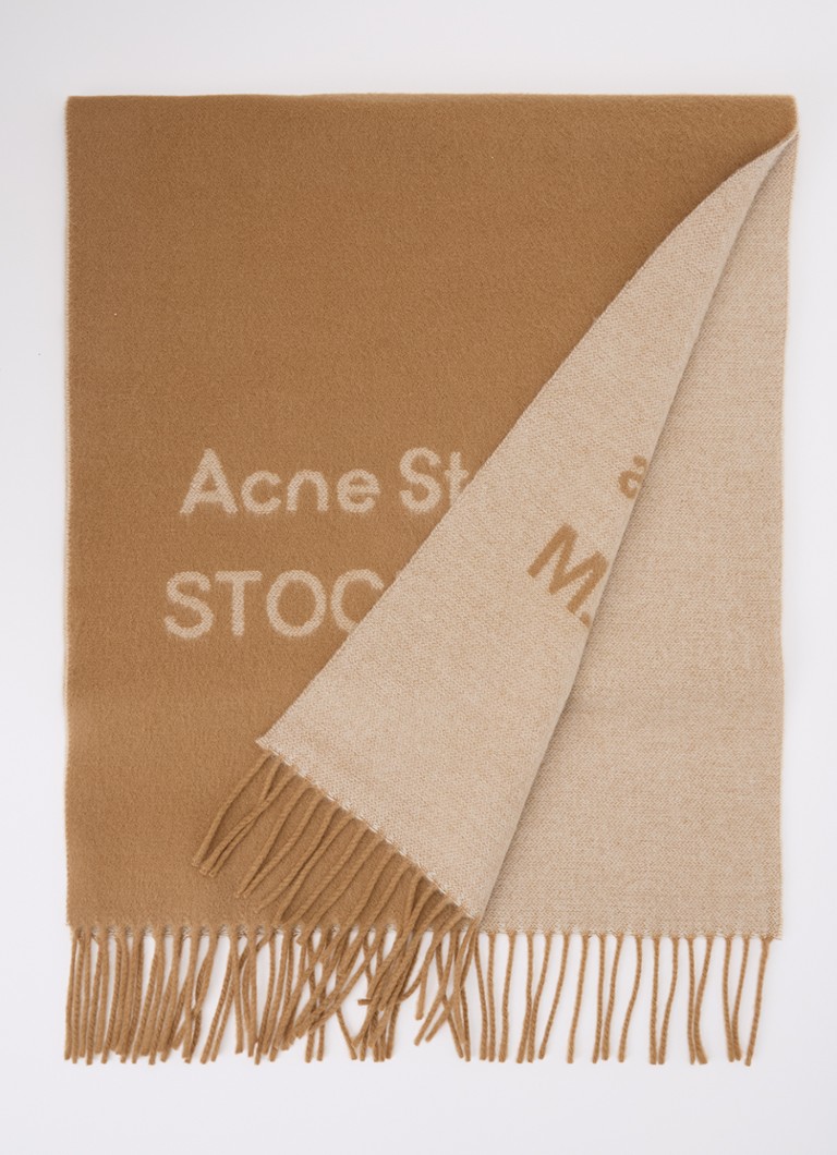 Acne Studios Heren Sjaal van wol met logoprint 180 x 40 cm in de kleur Camel, maat: One Size