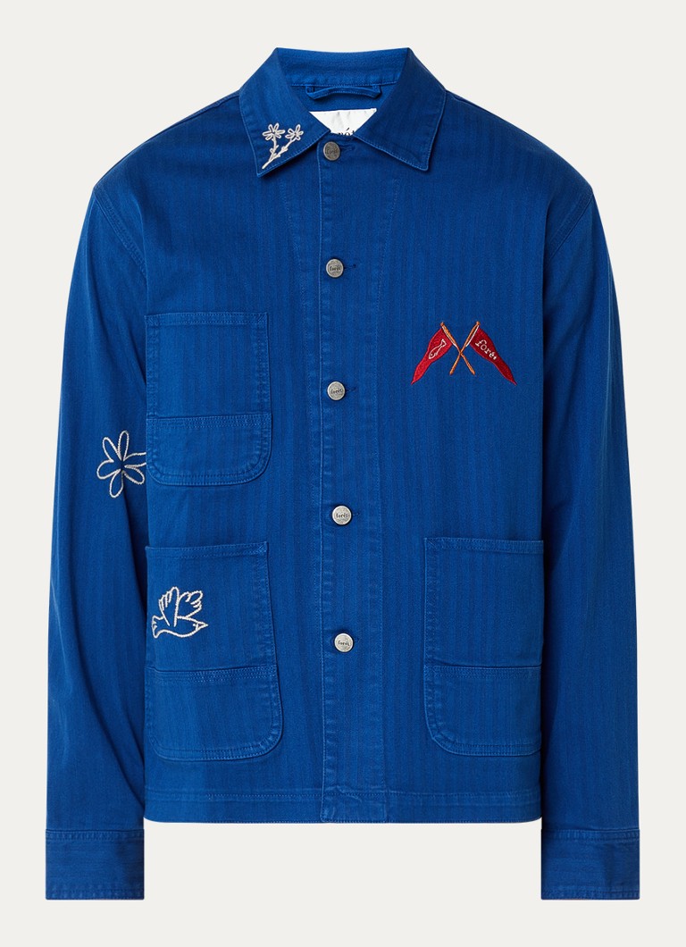 Forét Heren Forager overshirt van denim met front- en backprint in de kleur Kobaltblauw, maat: L