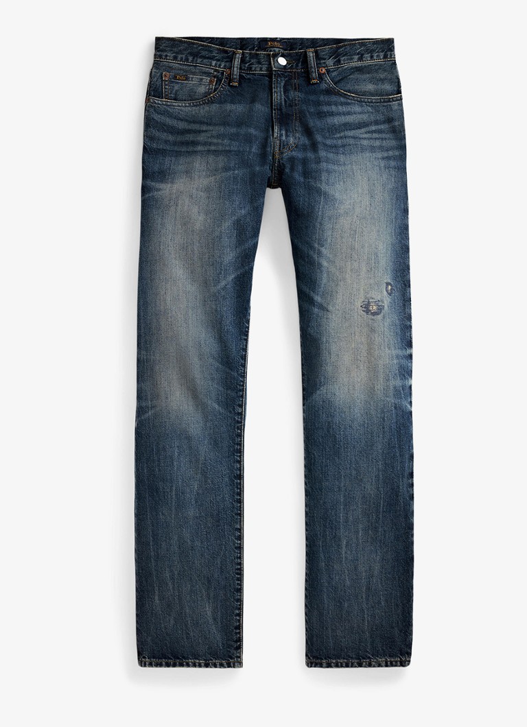 Ralph Lauren Heren Hampton straigh fit jeans met destroyed afwerking in de kleur Ninigret / Indigo