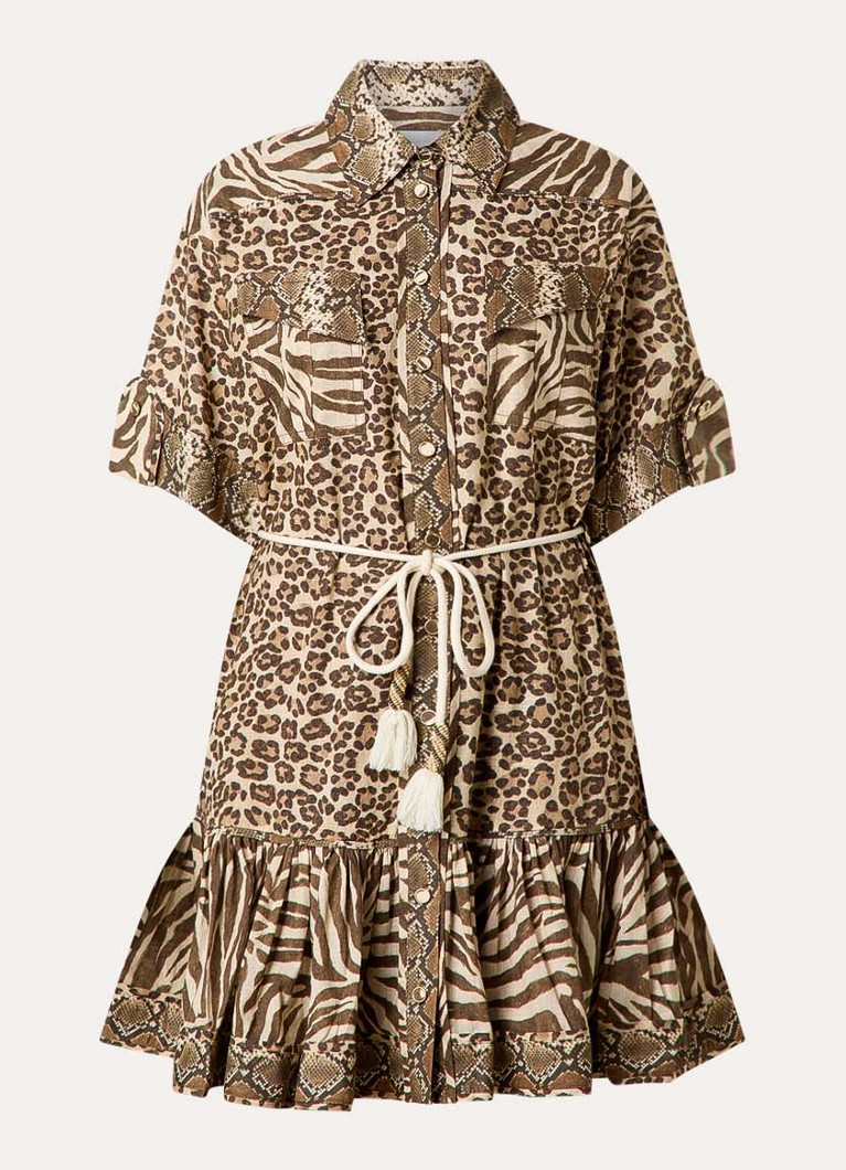 Zimmermann Dames Wanderlust mini blousejurk met dierenprint en strikceintuur in de kleur Camel, maat: 40