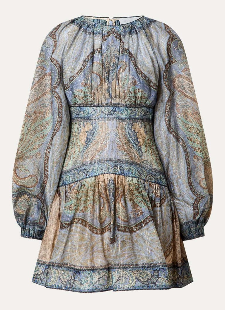 Zimmermann Dames Wanderlust mini tuniekjurk in zijdeblend met print en lurex in de kleur Staalblauw, maat: 40