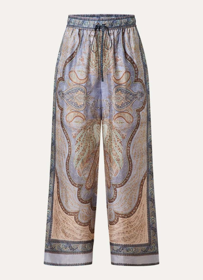 Zimmermann Dames Wanderlust high waist wide fit palazzo broek van zijde met print in de kleur Staalblauw, maat: 42