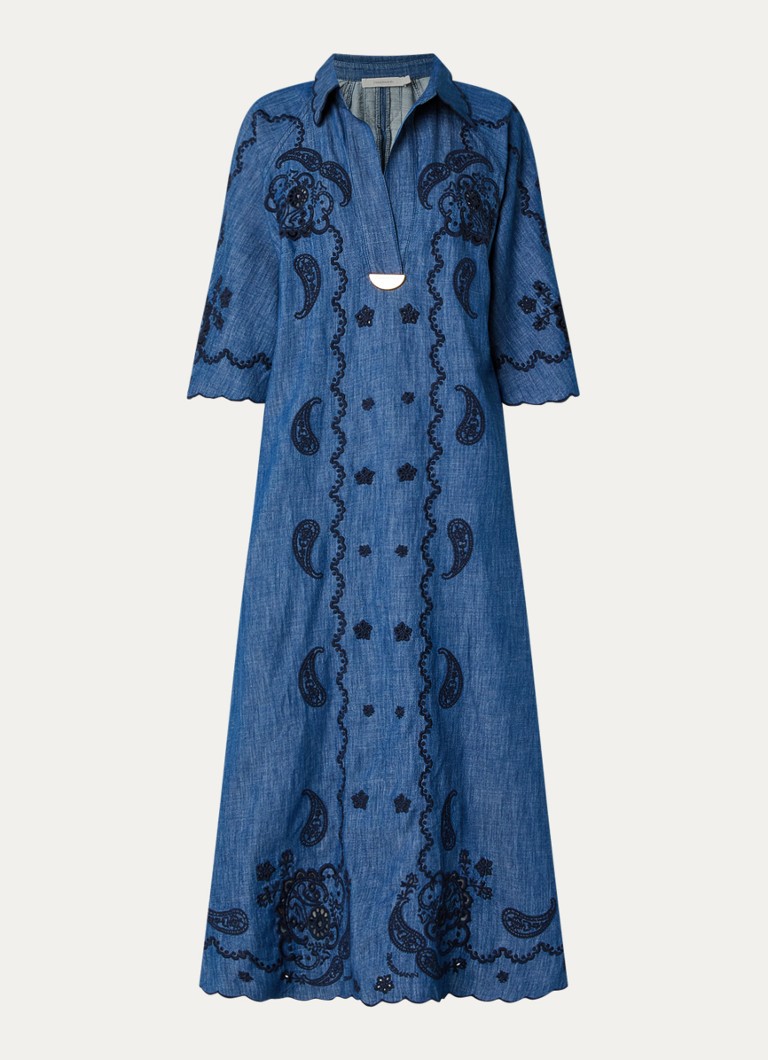 Zimmermann Dames Aster midi denim jurk met borduring in de kleur Indigo, maat: 40