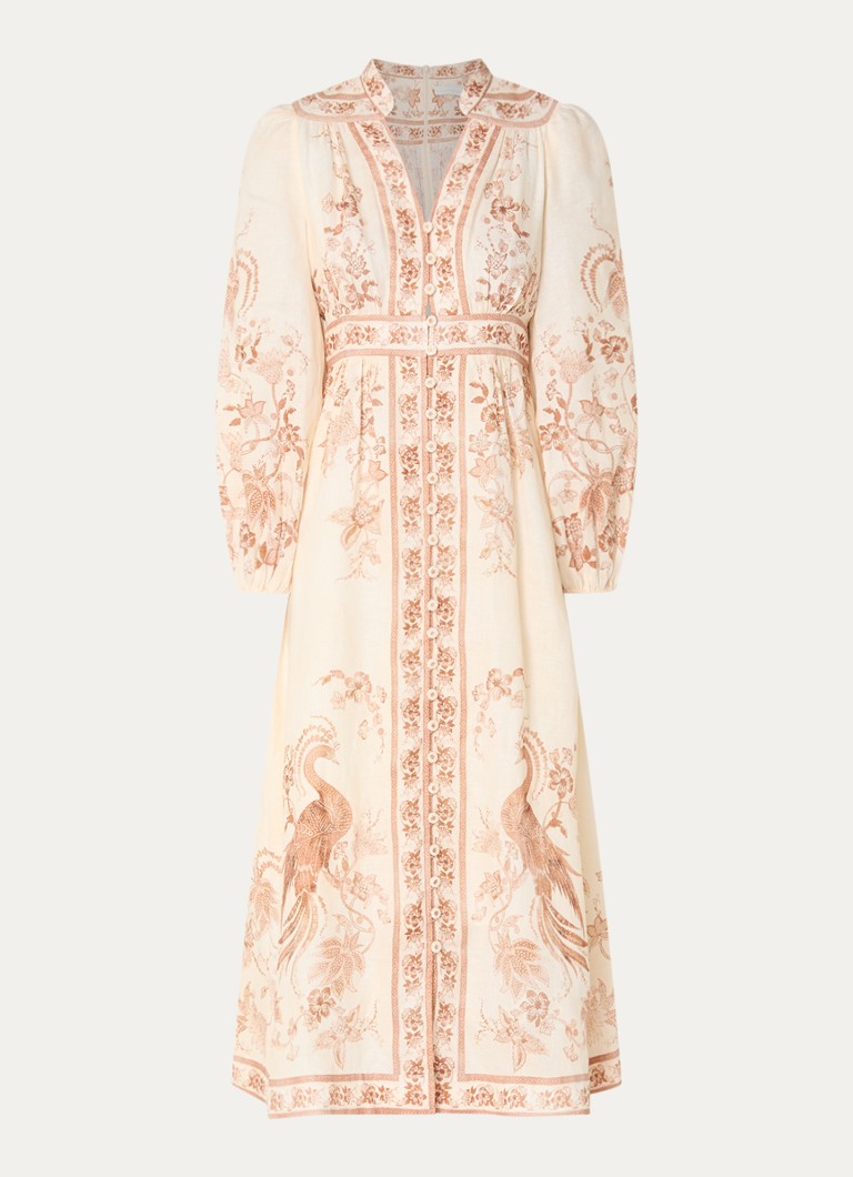 Zimmermann Dames Indra midi blousejurk van linnen met bloemenprint in de kleur Beige, maat: 42