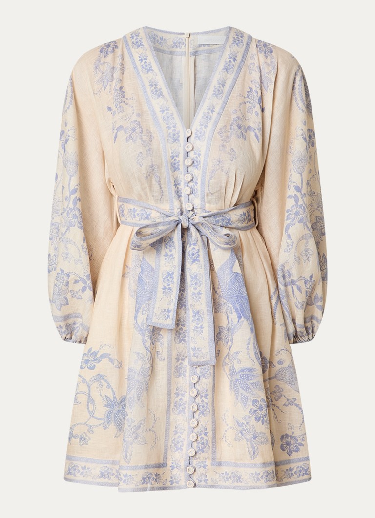 Zimmermann Dames Indra mini blousejurk van linnen met print en strikceintuur in de kleur Lila, maat: 42
