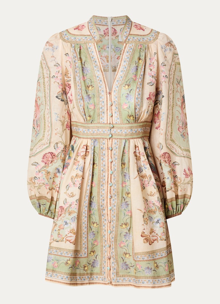 Zimmermann Dames Roselight mini jurk van linnen met print in de kleur Ivoor, maat: 40