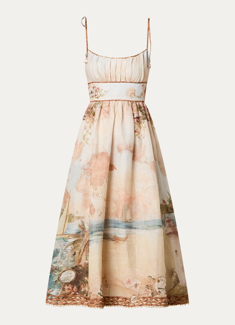 Zimmermann Dames Mahon Picnic maxi A-lijn jurk van linnen met print in de kleur Roestbruin, maat: 36