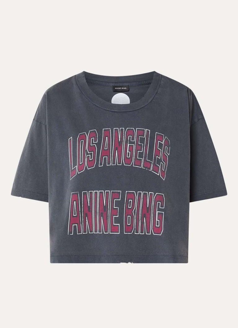 Anine Bing Dames Johnny cropped T-shirt met logoprint in de kleur Antraciet, maat: XS