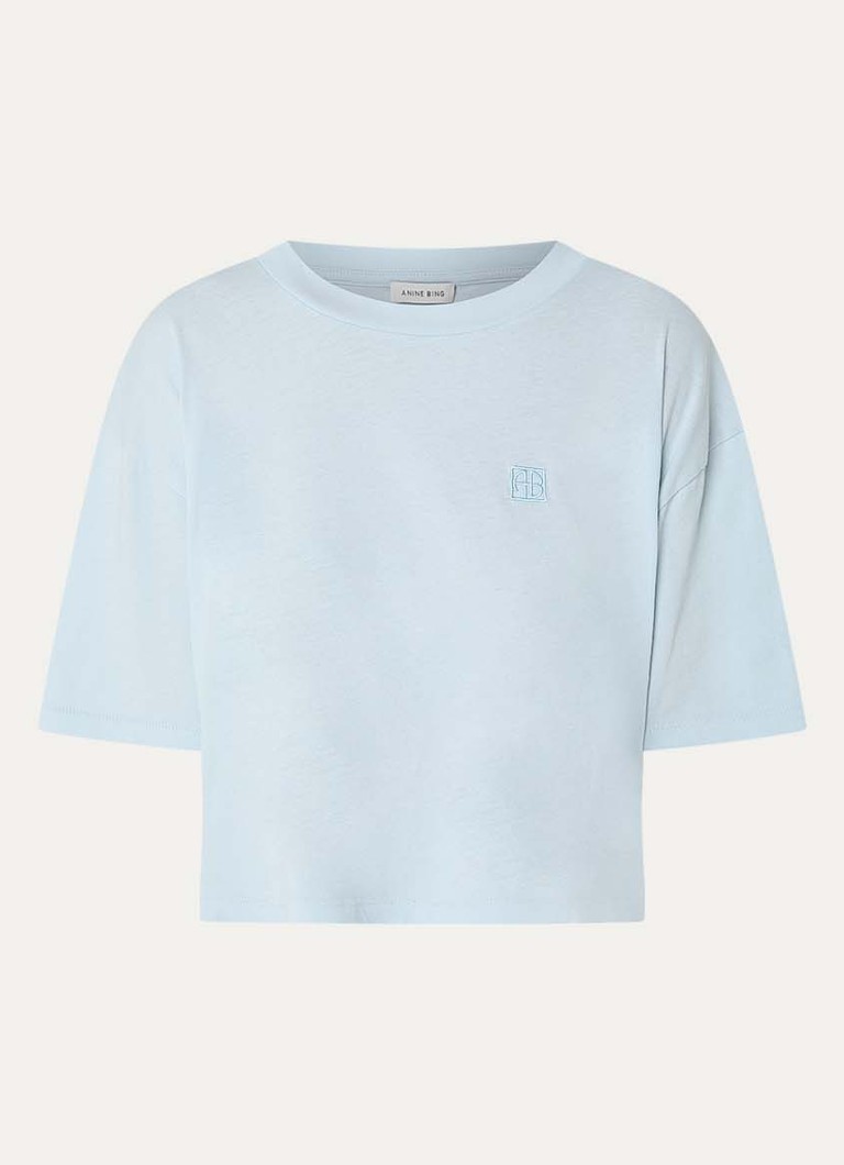 Anine Bing Dames Johnny cropped T-shirt met logo in de kleur Lichtblauw, maat: S