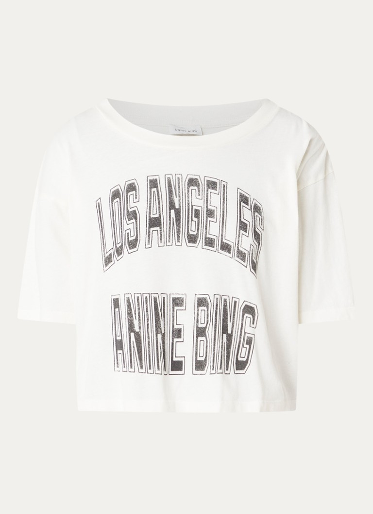 Anine Bing Dames Johnny cropped T-shirt met logoprint in de kleur Gebroken wit, maat: M