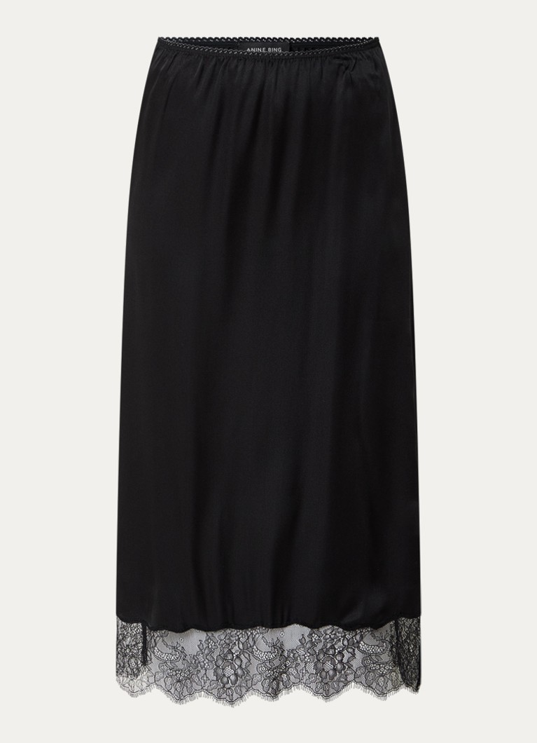 Anine Bing Dames Shelby midi rok in zijdeblend met details van kant in de kleur Zwart, maat: XS