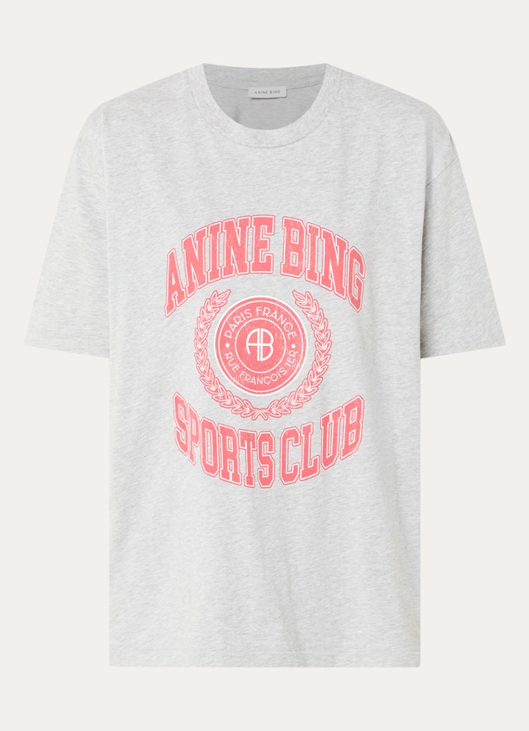 Anine Bing Dames Cade T-shirt met gemêleerd dessin en logoprint in de kleur Grijsmele, maat: L