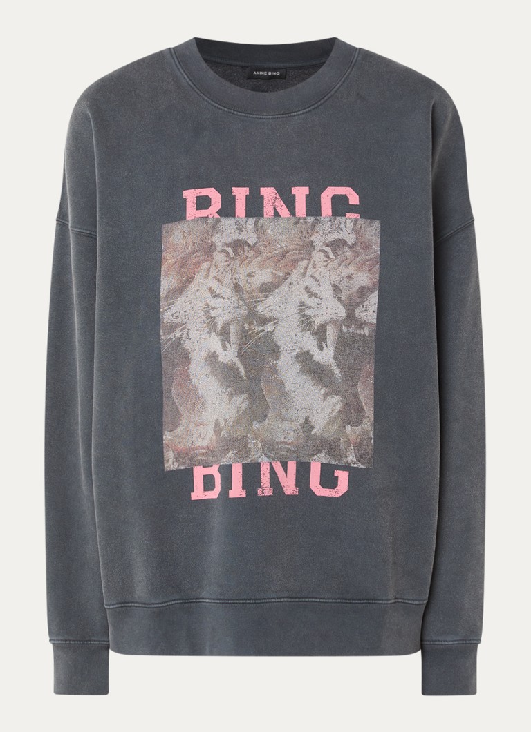 Anine Bing Dames Miles sweater met logoprint en verwassen afwerking in de kleur Zwart, maat: S