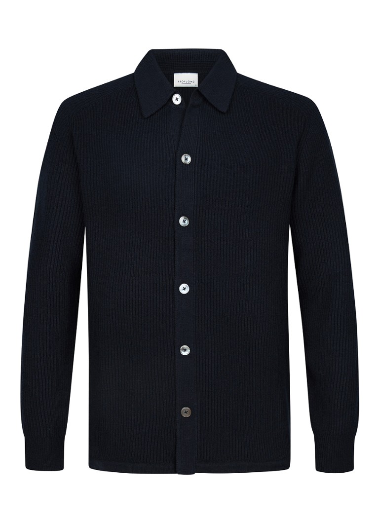 Profuomo Heren Fijngebreid vest van wol met ribstructuur in de kleur Donkerblauw, maat: L