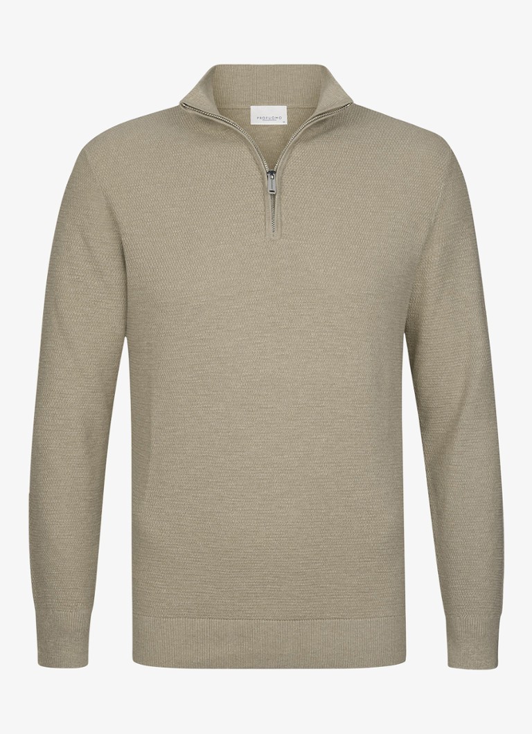 Profuomo Heren Fijngebreide trui met halve rits in de kleur Beige, maat: M