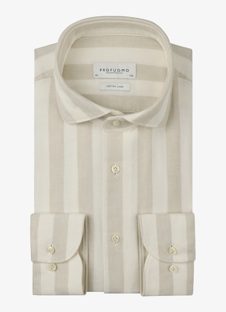 Profuomo Heren Slim fit overhemd met streepprint in linnenblend in de kleur Beige, maat: 43