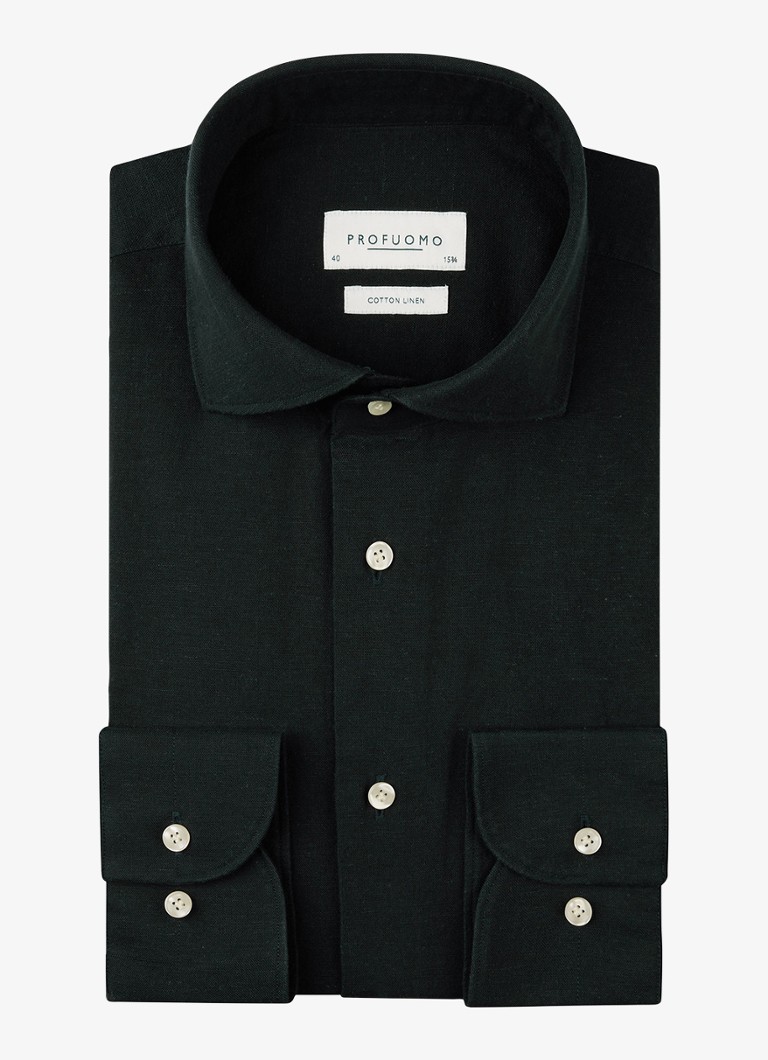 Profuomo Heren Slim fit overhemd in linnenblend in de kleur Donkerblauw, maat: 38