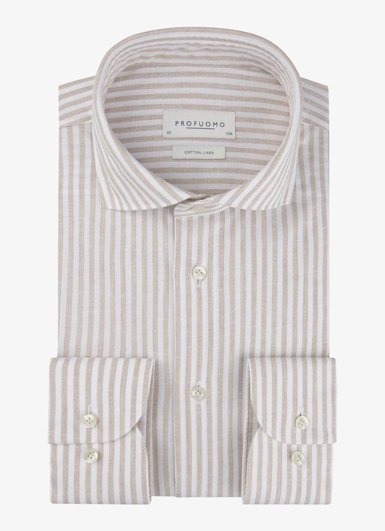 Profuomo Heren Slim fit overhemd in linnenblend met streepprint in de kleur Beige, maat: 39