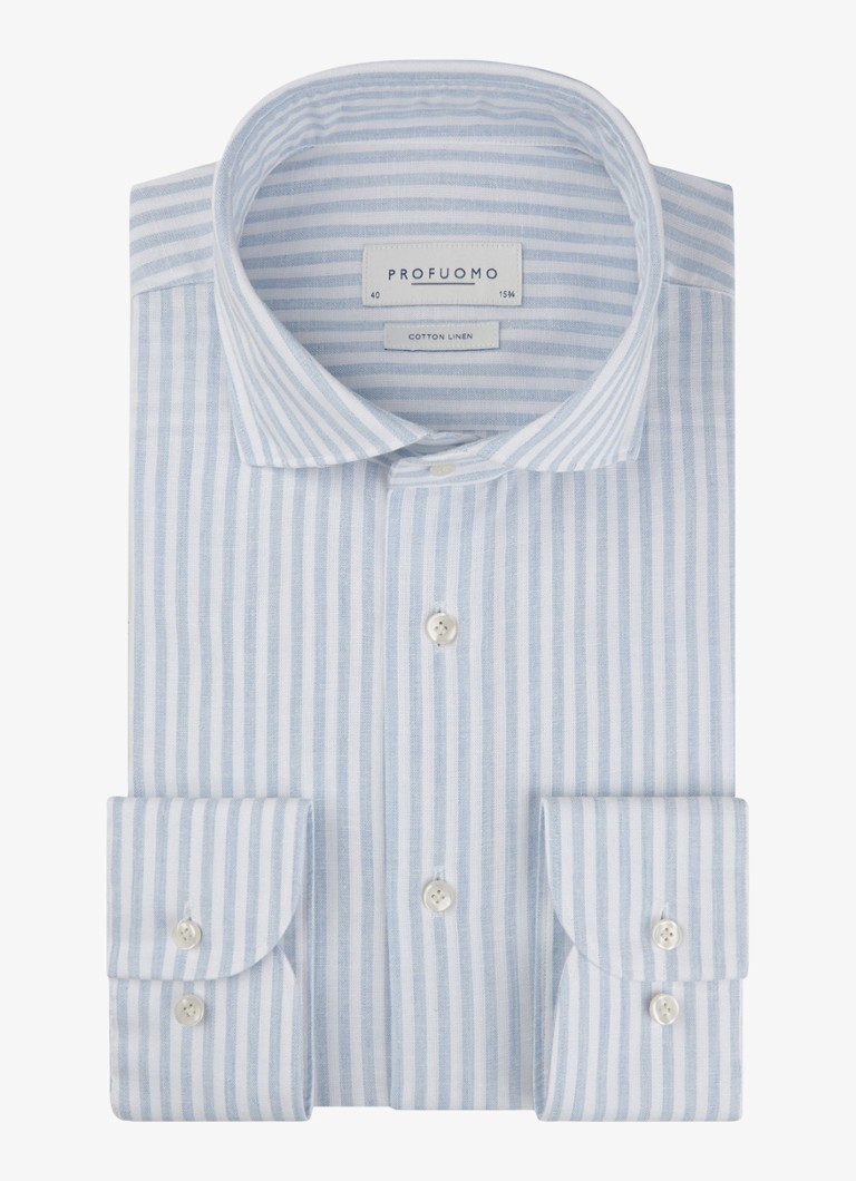 Profuomo Heren Slim fit overhemd in linnenblend met streepprint in de kleur Blauw, maat: 44