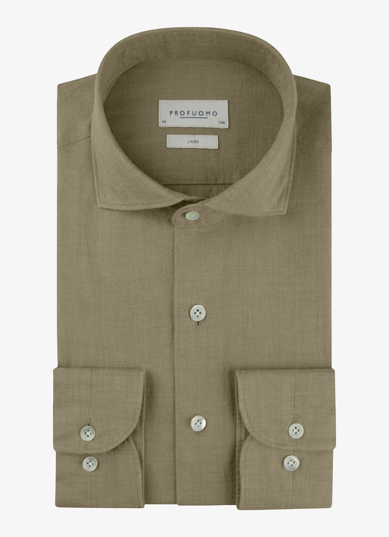 Profuomo Heren Slim fit overhemd van linnen in de kleur Middengroen, maat: 44