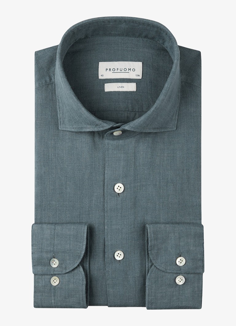 Profuomo Heren Slim fit overhemd van linnen in de kleur Blauwgrijs, maat: 43
