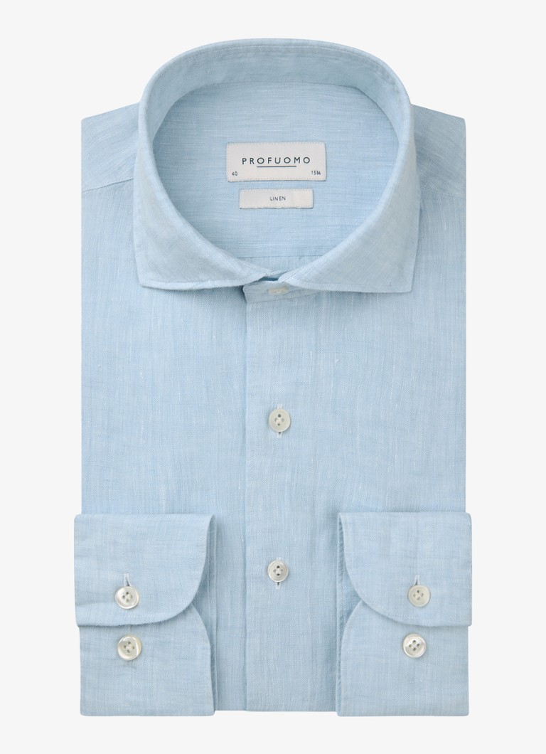 Profuomo Heren Slim fit overhemd van linnen in de kleur Lichtblauw, maat: 44