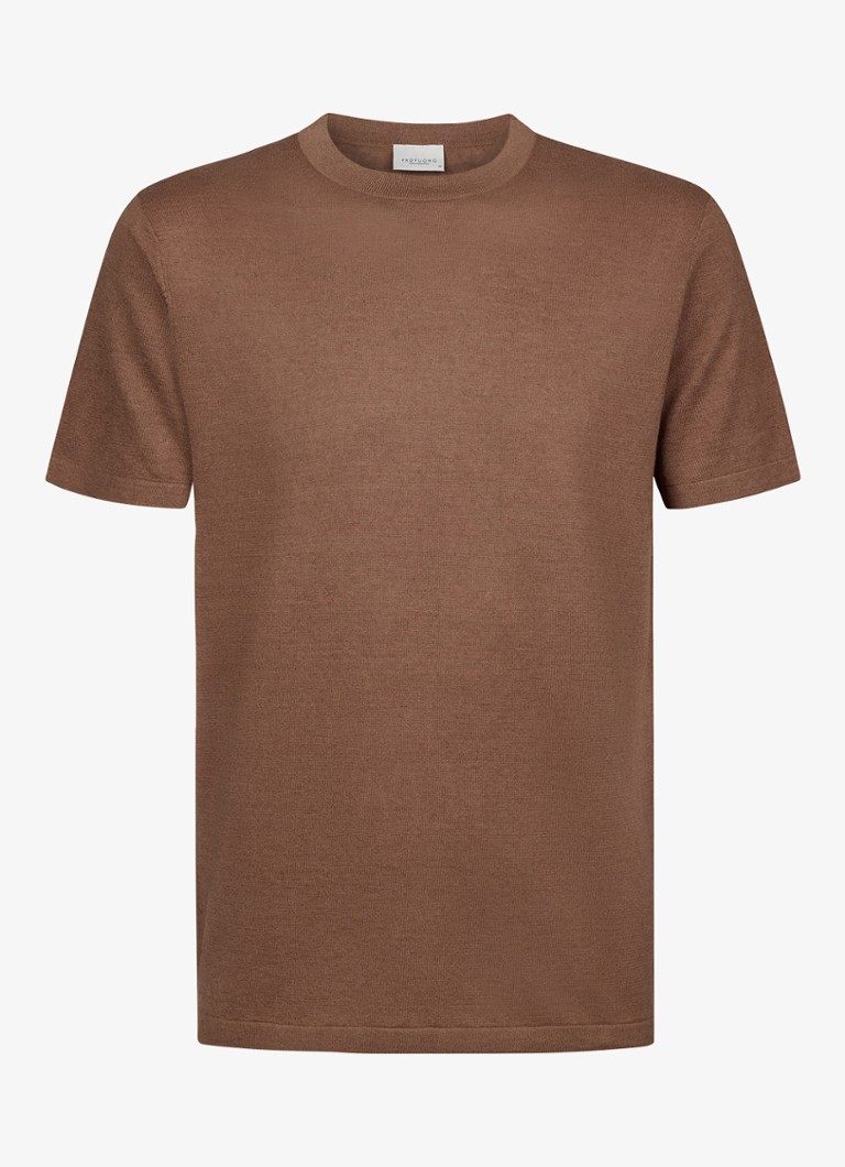 Profuomo Heren T-shirt in linnenblend met ronde hals in de kleur Clay, maat: L