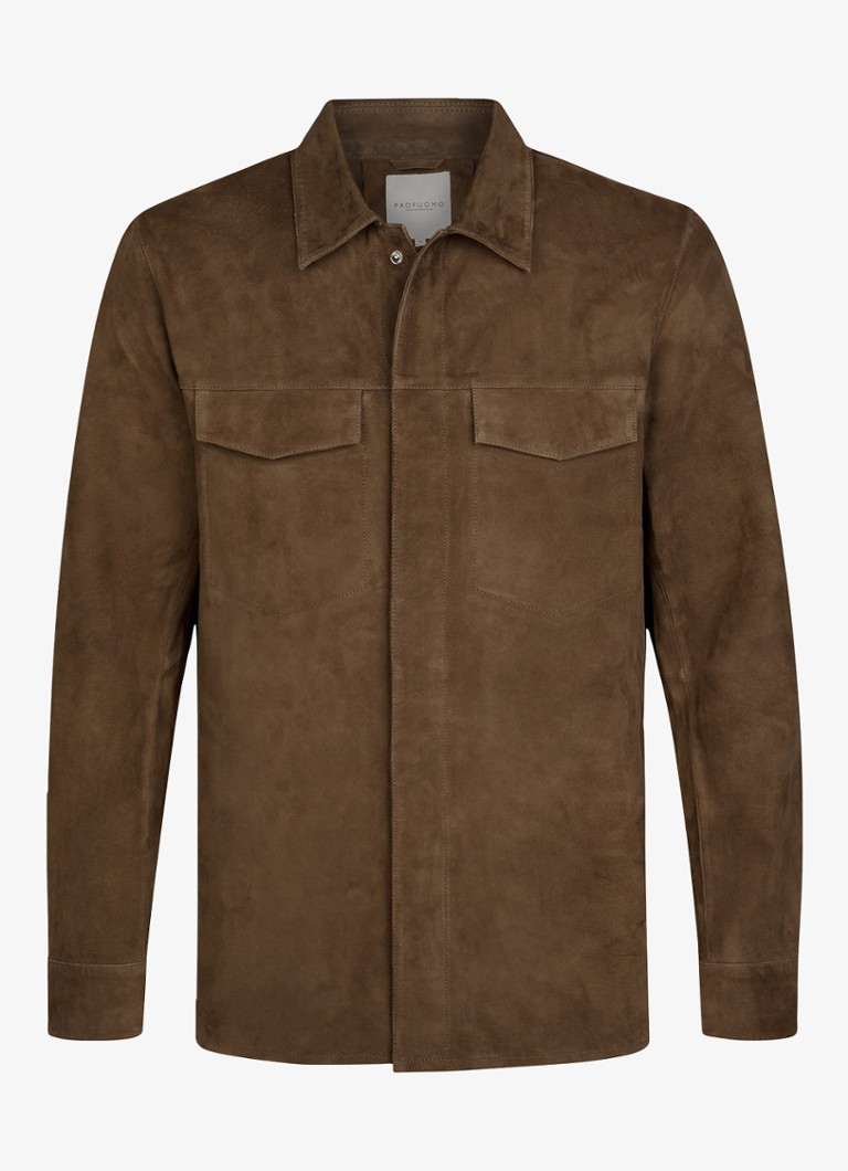 Profuomo Heren Regular fit overshirt van suède in de kleur Bruin, maat: S