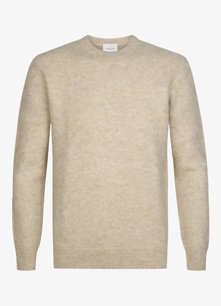 Profuomo Heren Fijngebreide trui in wolblend met ronde hals in de kleur Beige, maat: XL