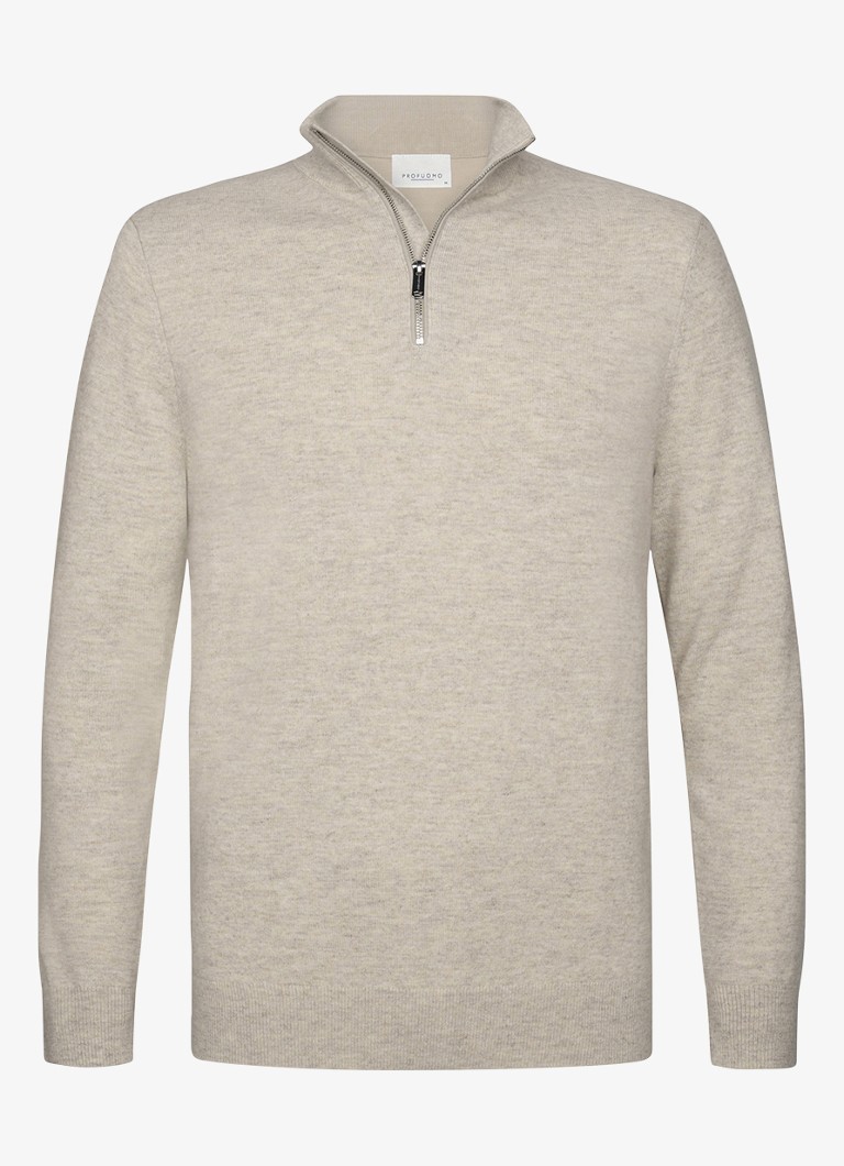 Profuomo Heren Fijngebreide trui in wolblend met halve rits in de kleur Beige, maat: XXL