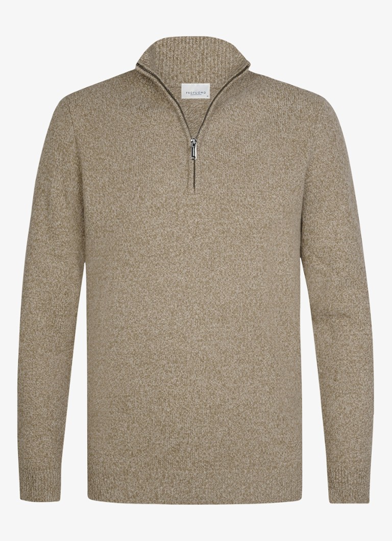 Profuomo Heren Fijngebreide trui in wolblend met halve rits in de kleur Beige, maat: XXL