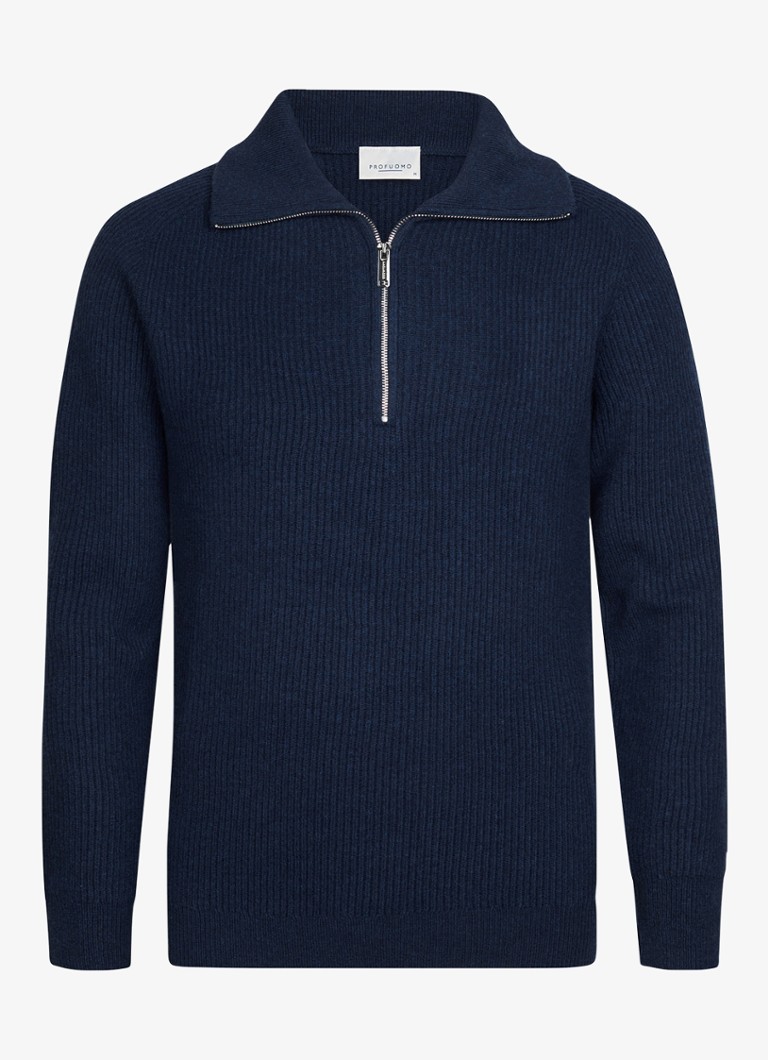 Profuomo Heren Ribgebreide trui van wol met halve rits in de kleur Staalblauw, maat: XL