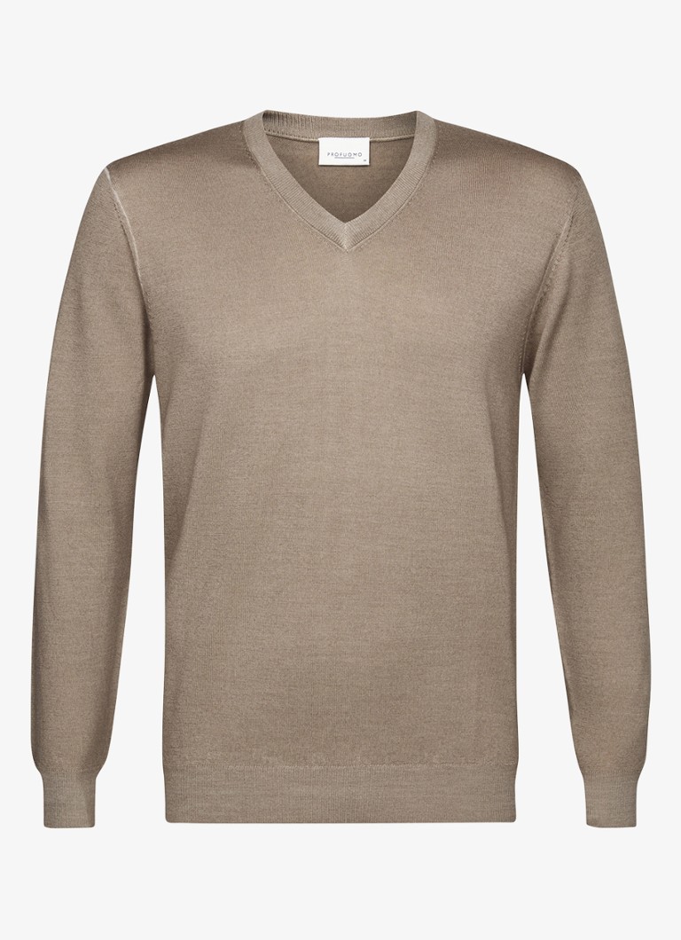 Profuomo Heren Fijngebreide trui van merinowol met V-hals in de kleur Beige, maat: XXL