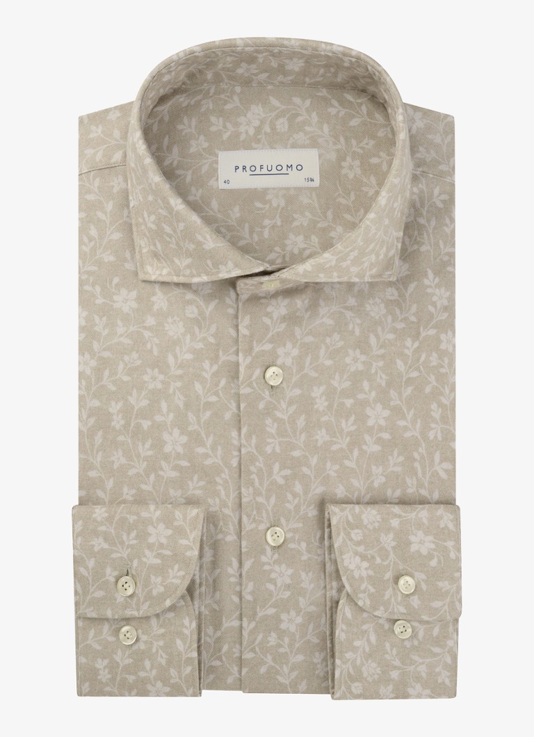 Profuomo Heren Slim fit overhemd met print in de kleur Beige, maat: 38