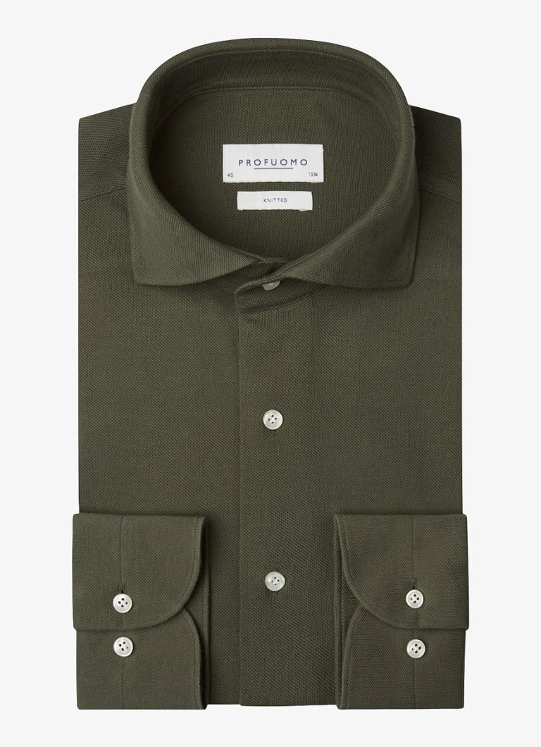 Profuomo Heren Slim fit knitted shirt overhemd in de kleur Donkergroen, maat: 43