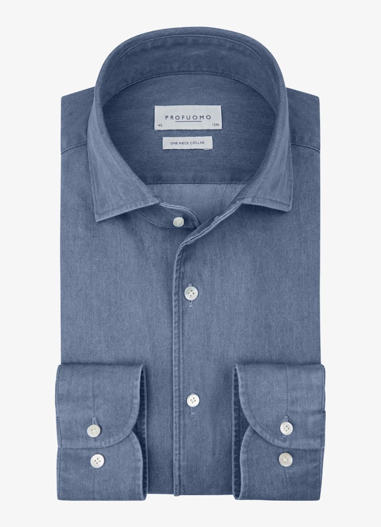 Profuomo Heren Slim fit overhemd van denim in de kleur Indigo, maat: 44