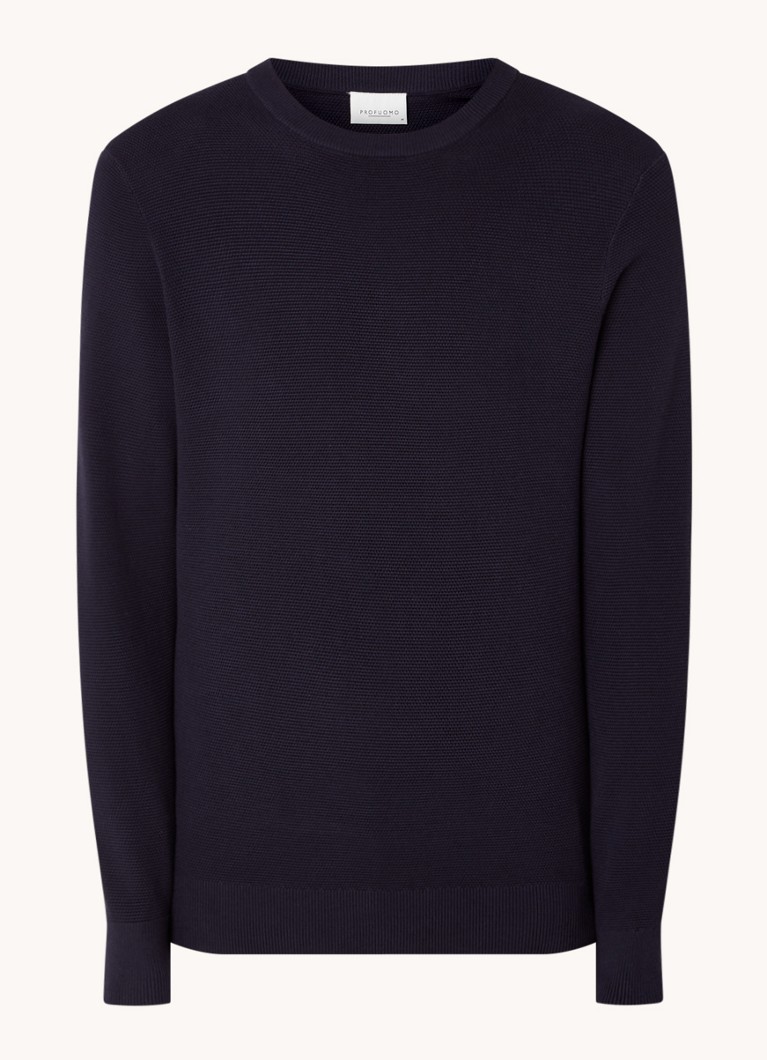 Profuomo Heren Fijngebreide pullover met ronde hals in de kleur Donkerblauw, maat: L