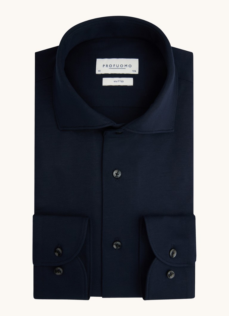 Profuomo Heren Knitted slim fit overhemd met stretch in de kleur Donkerblauw, maat: 42